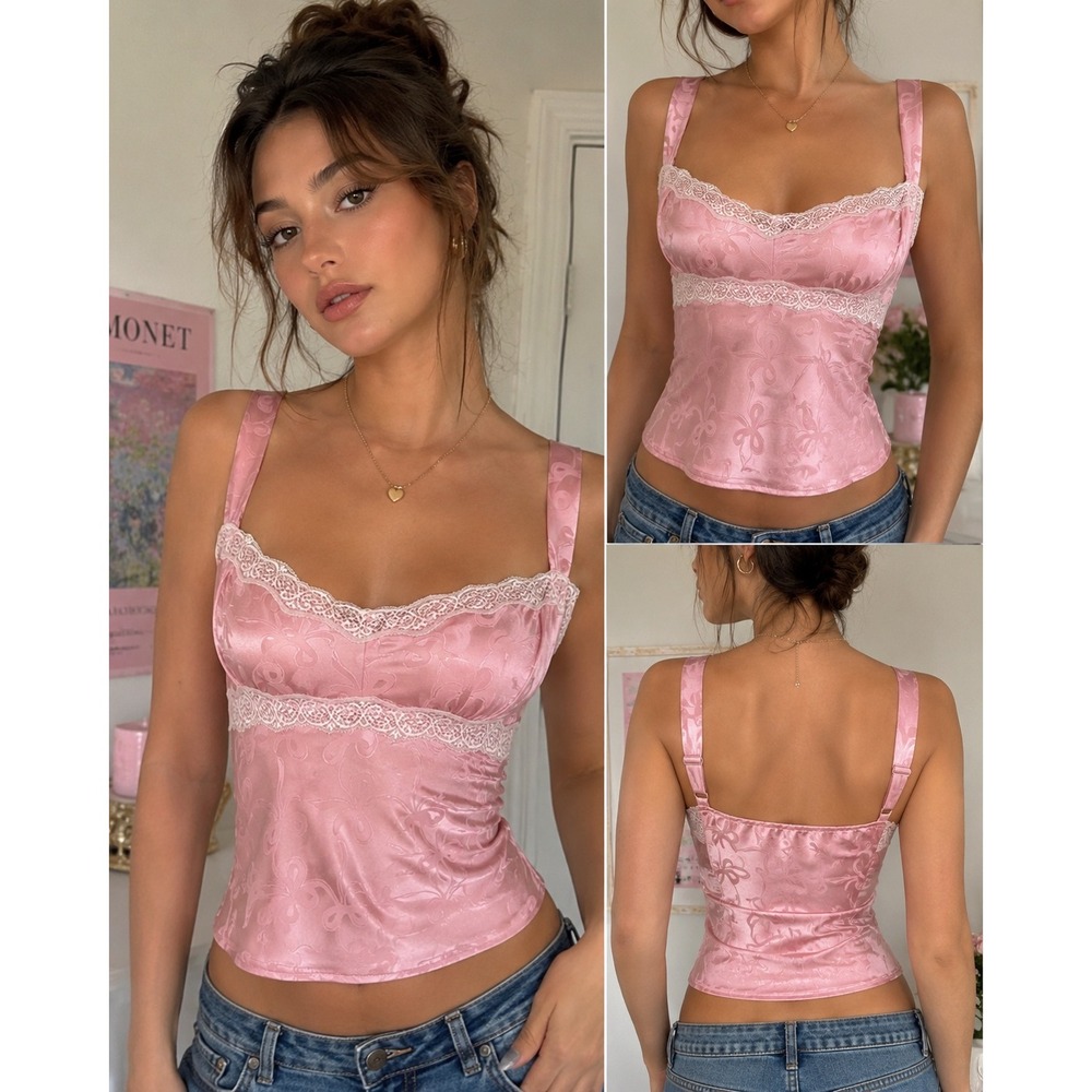 Evolutionary Coquette Pink Satin‎ Bow Jacquard Lace Trim Cropped Corset Tank XL